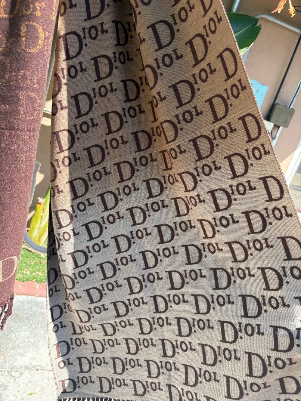 Dior Brown and Gold Logo Scarf